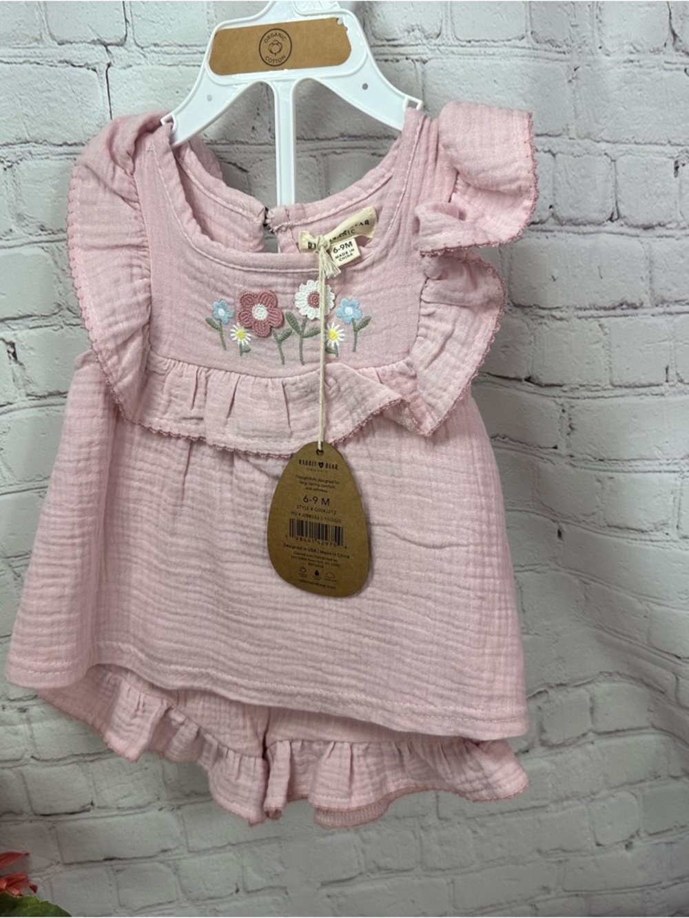 NWT rabbit + Bear Organic cotton 2pc set Floral Embroidery6-9M feminine cottage